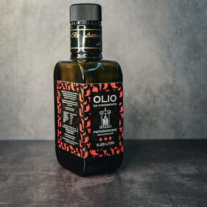 Habanero Chili Oil bottle infused with habanero peppers and Italian olive oil