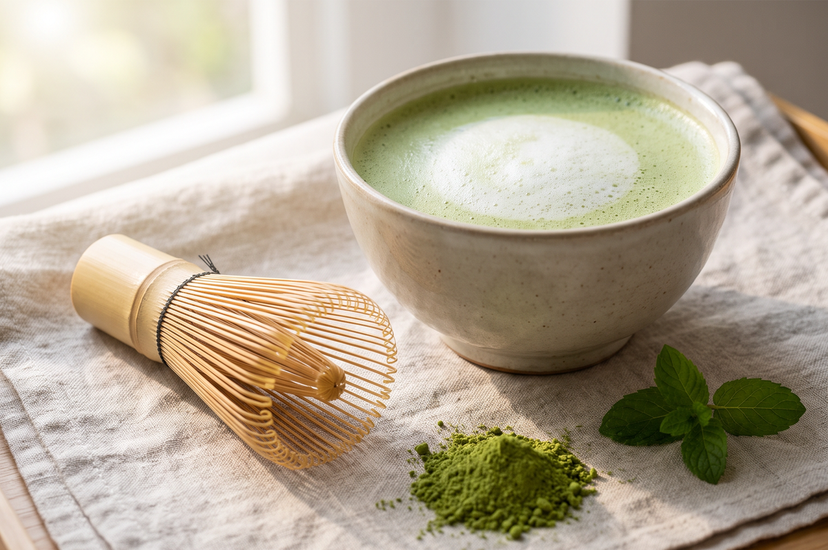 Freshly whisked matcha latte with bamboo whisk and matcha powder