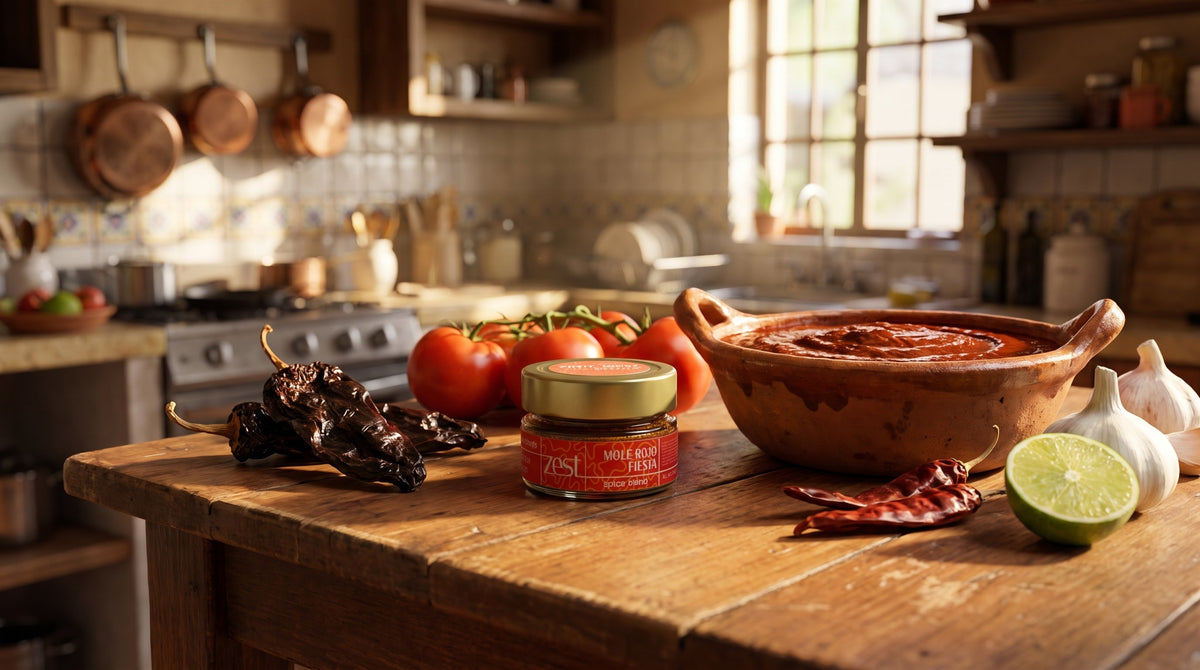ZEST Mole Rojo Fiesta jar in a Mexican kitchen with a pot of mole rojo