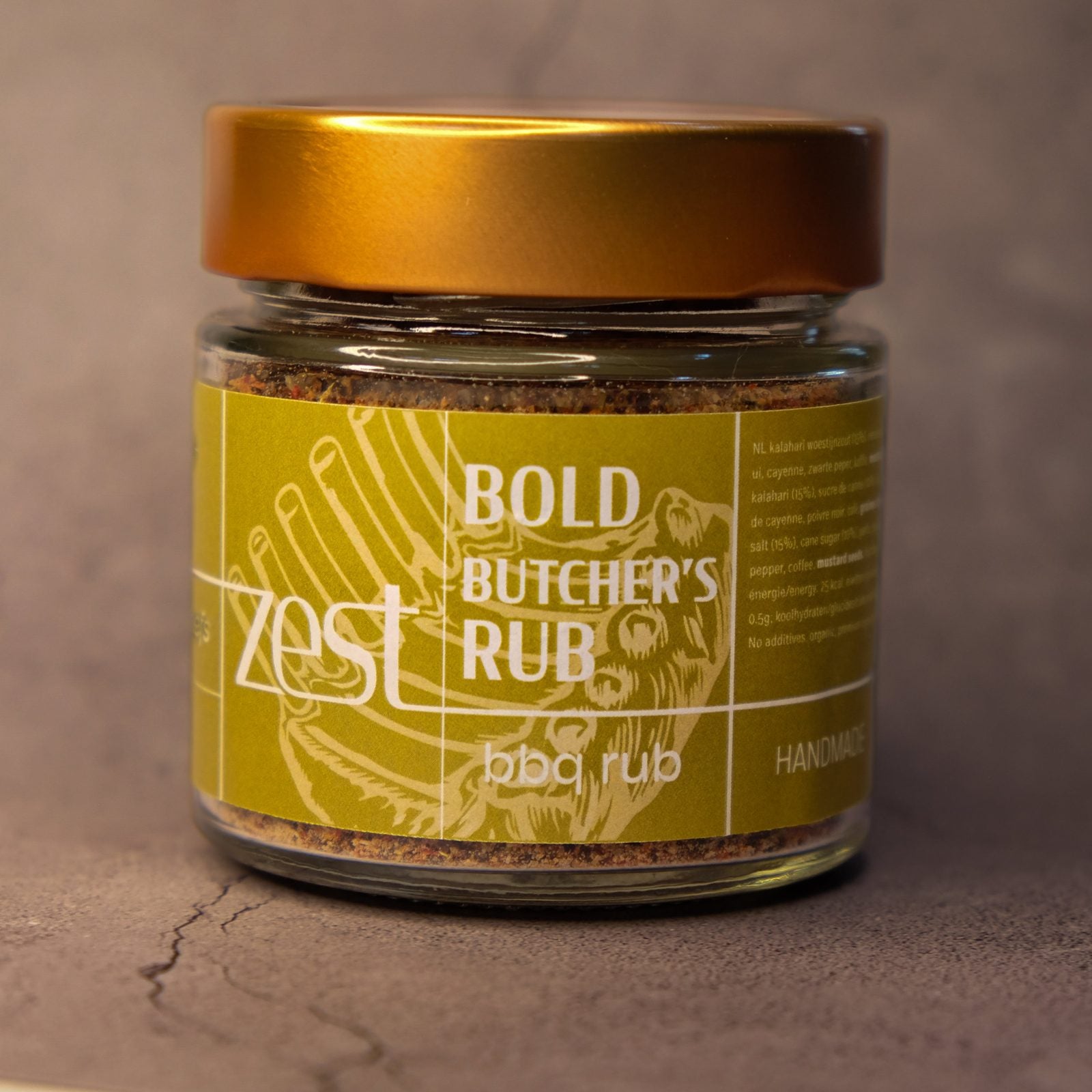 Bold Butcher's Rub premium BBQ rub for ribs in glass jar with ZEST label