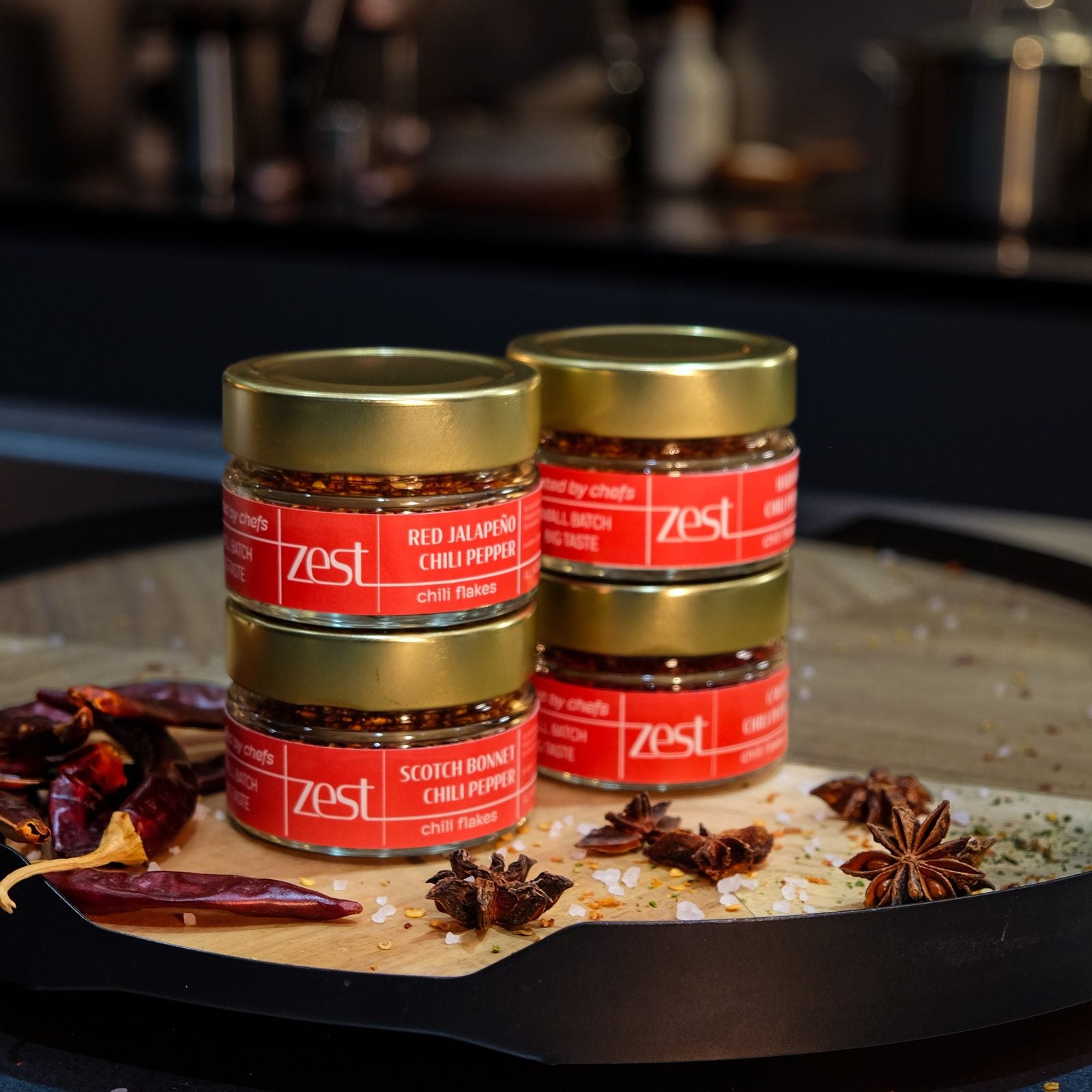 ZEST chili flakes set Caribbean and Mexican varieties