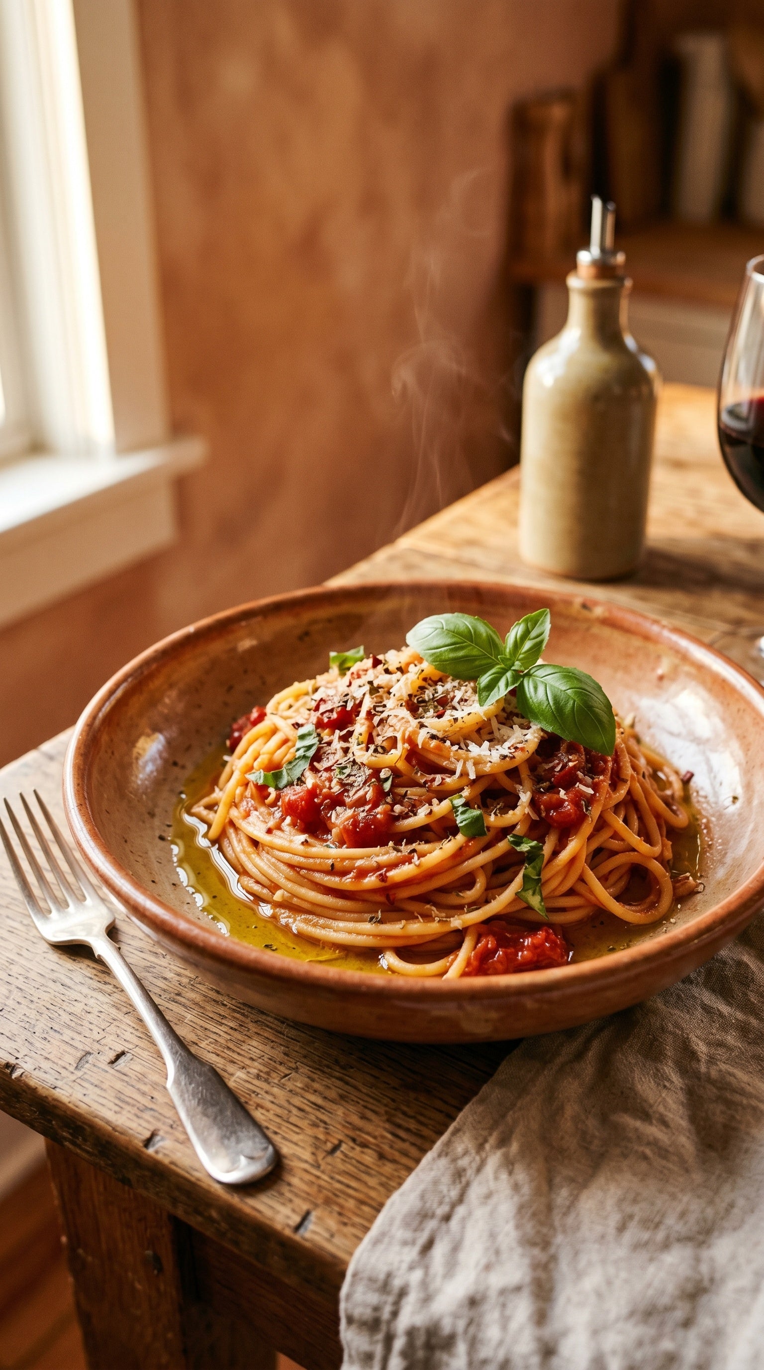 A steaming bowl of spaghetti with red tomato sauce, fresh basil, grated cheese, and chili flakes is presented on a rustic wooden table next to an oil dispenser and a glass of red wine.